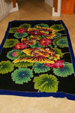 HIGH QUALITY HAND PAINTED TEXTILE FABRIC SARONG, SIGNED BY THE ARTIST. VIBRANT COLORS & VERY DETAILED MOTIFS OF FISH & LOTUS, LILY PADS, 70” x 48” (no 20B)