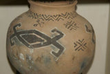 Rare 1980's Vintage Collectible Primitive Hand Crafted Vermasse Terracotta Pottery, Vessel from East Timor Island, Indonesia: Adorned with Decorative Geometric Motifs & colored with natural earth tone Pigments 7.5" x 9", P12