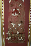 VERY RARE EARLY 1900’S ANTIQUE TEXTILE COLLECTIBLE: OLD  BALINESE HAND WOVEN HAND EMBROIDERED LAMAK WITH GERINGSING DOUBLE IKAT ATTACHED USED TO DRESS TEMPLE STATUES DURING RELIGIOUS CEREMONY FRAMED  IN UNIQUE HAND PAINTED FRAME  30 ¼”x 12 1/4” COLLECTOR