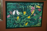 GIGANTIC 42”x 30”  ORIGINAL DETAILED COLORFUL  BALINESE PAINTING ON CANVAS SIGNED BY RENOWN UBUD ARTIST RAINFOREST PARADISE WITH FOLIAGE FLOWERS ALAMEDAS ORCHID STARLING BIRDS FRAMED IN SIGNED CUSTOM FRAME HAND PAINTED TO MATCH  ARTWORK DFBB5 DESIGNER ART