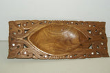 STUNNING 1 OF A KIND HAND CARVED KWILA WOOD MUSEUM MASTERPIECE SAGO PLATTER DISH BOWL WITH MOTHER OF PEARL INSERTS & DELICATE LACY INCISED BORDER BY RENOWNED TRIBAL SCULPTOR TROBRIAND ISLANDS MELANESIA SOUTH PACIFIC OCEANIA 12"X 4.75 X 2”” COLLECTOR 2A7