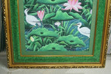 GIGANTIC 31”x 25” ORIGINAL DETAILED COLORFUL  BALINESE PAINTING ON CANVAS SIGNED BY RENOWN UBUD ARTIST RAINFOREST PARADISE WITH FOLIAGE POND LOTUS FLOWERS IBIS EGRET STARLING BIRDS FRAMED IN SIGNED CUSTOM FRAME HAND PAINTED TO MATCH DFBB12 DESIGNER ART