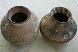 1980 Primitive Hand Crafted Vermasse Terracotta Pottery, Vessel from East Timor Island, Indonesia: 3D Raised Relief Decorative Motifs of man & gecko colored with natural earthtone Pigments 9" x 8" (28" Diameter) P29A