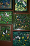 22 x 18” ORIGINAL DETAILED COLORFUL BALINESE PAINTING ON CANVAS BY RENOWN UBUD ARTIST RAINFOREST PARADISE WITH FOLIAGE HIBISCUS FLOWERS STARLING BIRDS FRAMED IN SIGNED CUSTOM FRAME HANDPAINTED TO MATCH ARTWORK DECORATOR DESIGNER ART COLLECTOR DFBB65