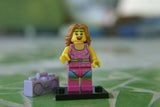 RARE NOW HARD TO FIND RETIRED LEGO FITNESS INSTRUCTOR MINIFIGURE WITH BOOMBOX (Serie 5) 8805, BRAND NEW PERFECT + BLACK BASE, YEAR 2011, 6 PIECES.