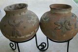 Rare 1980's Vintage Primitive Hand Crafted Vermasse Terracotta Pottery, Vessel from East Timor, Indonesia: Raised Decorative Motifs of man & gecko & natural earthtone Pigments 8" x 9" (28" Diameter) P26