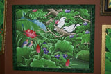 22 x 18” ORIGINAL DETAILED COLORFUL BALINESE PAINTING ON CANVAS BY RENOWN UBUD ARTIST RAINFOREST PARADISE WITH FOLIAGE HIBISCUS FLOWERS STARLING BIRDS FRAMED IN SIGNED CUSTOM FRAME HANDPAINTED TO MATCH ARTWORK DECORATOR DESIGNER ART COLLECTOR DFBB65