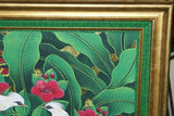 25”x 21” ORIGINAL MASTERPIECE COLORFUL  BALINESE PAINTING ON CANVAS RENOWN UBUD ARTIST RAINFOREST PARADISE WITH FOLIAGE HIBISCUS STARLING BIRDS FRAMED IN SIGNED CUSTOM FRAME HANDPAINTED TO MATCH ARTWORK DFBB1 DECORATOR DESIGNER ART COLLECTOR