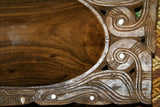 2 LARGE STUNNING HAND CARVED ROSEWOOD MUSEUM MASTERPIECES SAGO PLATTER DISH BOWLS WITH MOTHER OF PEARL INSERTS & DELICATELY INCISED LACY BORDERS BY RENOWNED TRIBAL SCULPTOR TROBRIAND ISLANDS MELANESIA SOUTH PACIFIC COLLECTOR DESIGN 2A89 & 2A27.