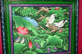 GIGANTIC 44”x 31” ORIGINAL DETAILED COLORFUL BALINESE PAINTING ON CANVAS BY RENOWN UBUD ARTIST RAINFOREST WITH FOLIAGE TROPICAL BIRDS PARROT BIRD OF PARADISE PLANTS HIBISCUS FRAMED IN HAND PAINTED CUSTOM FRAME DFBB9 DESIGNER ARTWORK MASTERPIECE WALL ART