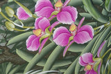 GIGANTIC 34.5”x 29” ORIGINAL DETAILED COLORFUL  BALINESE PAINTING ON CANVAS BY RENOWN UBUD ARTIST RAINFOREST PARADISE WITH FOLIAGE ORCHID FLOWERS BIRDS OF PARADISE FRAMED IN CUSTOM MATS & FRAME HAND PAINTED TO MATCH DFBB7 DESIGNER COLLECTOR MASTERPIECE