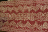 Old Burgundy Red Damask Embroidery Brocade Songket Sarung Textile Royal Sash Runner with Metallic Gold Threads belonging to Balinese Nobility royalty Hand woven with Handspun Silk in a beautiful pattern from Negara, Bali  32.5"x12" (SG48) 80yrs