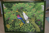 GIGANTIC 36”x 28” ORIGINAL DETAILED COLORFUL  BALINESE PAINTING ON CANVAS SIGNED BY RENOWN UBUD ARTIST RAINFOREST PARADISE WITH FOLIAGE FLOWERS ORCHID FRUIT COCKATOO BIRD FRAMED IN SIGNED CUSTOM FRAME HAND PAINTED TO MATCH  ARTWORK DFBB1 DESIGNER ART