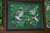 GIGANTIC 31”x 25” ORIGINAL DETAILED COLORFUL  BALINESE PAINTING ON CANVAS SIGNED BY RENOWN UBUD ARTIST RAINFOREST PARADISE WITH FOLIAGE POND LOTUS FLOWERS IBIS EGRET BIRDS FRAMED IN SIGNED CUSTOM FRAME HAND PAINTED TO MATCH  ARTWORK DFBB37 DESIGNER ART