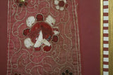 VERY RARE EARLY 1900’S ANTIQUE TEXTILE COLLECTIBLE: OLD  BALINESE HAND WOVEN HAND EMBROIDERED LAMAK WITH GERINGSING DOUBLE IKAT ATTACHED USED TO DRESS TEMPLE STATUES DURING RELIGIOUS CEREMONY FRAMED  IN UNIQUE HAND PAINTED FRAME  30 ¼”x 12 1/4” COLLECTOR