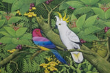 GIGANTIC 36”x 28” ORIGINAL DETAILED COLORFUL  BALINESE PAINTING ON CANVAS SIGNED BY RENOWN UBUD ARTIST RAINFOREST PARADISE WITH FOLIAGE FLOWERS ORCHID FRUIT COCKATOO BIRD FRAMED IN SIGNED CUSTOM FRAME HAND PAINTED TO MATCH  ARTWORK DFBB1 DESIGNER ART