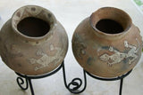 Rare 1980's Vintage Primitive Hand Crafted Vermasse Terracotta Pottery, Vessel from East Timor, Indonesia: Raised Decorative Motifs of man & gecko & natural earthtone Pigments 8" x 9" (28" Diameter) P26