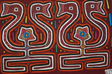 Kuna Indian Folk Art Mola Blouse Panel from San Blas Islands, Panama. Hand stitched Applique Textile: Mirror Image Oil Lamps with Flame Shaped into Birds 16" x 11.75" (79B)