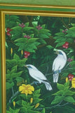 GIGANTIC 31”x 25”  ORIGINAL DETAILED COLORFUL  BALINESE PAINTING ON CANVAS SIGNED BY RENOWN UBUD ARTIST RAINFOREST PARADISE WITH FOLIAGE FRUIT HIBISCUS STARLING BIRDS FRAMED IN SIGNED CUSTOM FRAME HANDPAINTED TO MATCH  ARTWORK DFBB4 DESIGNER COLLECTOR