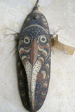 VERY RARE OLD POLYCHROME HAND CARVED MARAMBA ANCESTOR ORACLE SPIRIT MASK COLORED WITH NATURAL PIGMENTS COLLECTED ALONG SEPIK RIVER, PAPUA NEW GUINEA & ONCE USED BY MEDECINE MAN TO WARD AWAY DISEASE 3A14 DECORATOR DESIGNER COLLECTOR 25”x 8"x 5"