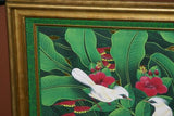 25”x 21” ORIGINAL MASTERPIECE COLORFUL  BALINESE PAINTING ON CANVAS RENOWN UBUD ARTIST RAINFOREST PARADISE WITH FOLIAGE HIBISCUS STARLING BIRDS FRAMED IN SIGNED CUSTOM FRAME HANDPAINTED TO MATCH ARTWORK DFBB1 DECORATOR DESIGNER ART COLLECTOR