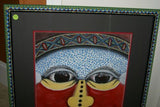 RARE UNIQUE AUTHENTIC COLORFUL FOLK ART PAINTING TRIBAL WARRIOR FROM PAPUA NEW GUINEA ARTIST FRAMED IN SIGNED HAND PAINTED FRAME TO MATCH THE ART WITHIN 29 1/4” X 23 3/4” DFP7 DESIGNER COLLECTOR WALL ART