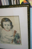 19th century original antique 1857 H.C HAND COLORED Original Authentic Currier & Ives Huge Folio Lithograph 29 1/2" X 24 child with "Grandpapa’s Cane" professionally framed in signed hand painted frame and double matted, one mat is hand painted as well