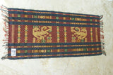 Unique Hand Woven Ceremonial Hinggi Sumba Songket Ikat Textile (33" x 13") with symbolic animal motifs & geometrics. Tapestry Made with Hand spun Cotton, Dyed with Natural Pigments ITEM SR59 Colorful golden yellow, rust red, green & blue