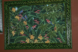 GIGANTIC 43”x 31”  ORIGINAL DETAILED COLORFUL BALINESE PAINTING ON CANVAS SIGNED BY RENOWN UBUD ARTIST RAINFOREST PARADISE WITH FOLIAGE FLOWERS HIBISCUS PARROTS  BIRDS FRAMED IN SIGNED CUSTOM FRAME HANDPAINTED TO MATCH  ARTWORK DFBB19 DESIGNER ART