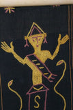 Rare old ceremonial hand spun hand woven black hemp textile loin cloth, Protective royal ancestor motif guarded by marine animals, Embroidery is hand twisted bark rope fiber twine. Melolo Village Sumba Indonesia RE4