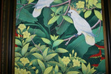 GIGANTIC FRAMED  41”x 30”  ORIGINAL MASTERPIECE DETAILED COLORFUL  BALINESE PAINTING ON CANVAS BY RENOWN UBUD ARTIST RAINFOREST PARADISE WITH FOLIAGE HIBISCUS ALAMEDA COCKATOO BIRD OF PARADISE ARTWORK DFBB16 DECORATOR DESIGNER ART COLLECTOR HOME DECOR