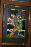 RARE 1988 BARBARA WALLACE LARGE GIGANTIC COLORFUL  & VIBRANT POSTER OF MACAW PARROTS DOUBLE MATTED IN UNIQUE SIGNED ARTIST HAND PAINTED FRAME 38"X 27” TROPICAL EXPRESSIONISM ART