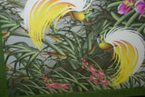 GIGANTIC 34.5”x 29” ORIGINAL DETAILED COLORFUL  BALINESE PAINTING ON CANVAS BY RENOWN UBUD ARTIST RAINFOREST PARADISE WITH FOLIAGE ORCHID FLOWERS BIRDS OF PARADISE FRAMED IN CUSTOM MATS & FRAME HAND PAINTED TO MATCH DFBB7 DESIGNER COLLECTOR MASTERPIECE