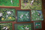 GIGANTIC 31”x 25”  ORIGINAL DETAILED COLORFUL  BALINESE PAINTING ON CANVAS SIGNED BY RENOWN UBUD ARTIST RAINFOREST PARADISE WITH FOLIAGE FRUIT HIBISCUS STARLING BIRDS FRAMED IN SIGNED CUSTOM FRAME HANDPAINTED TO MATCH  ARTWORK DFBB4 DESIGNER COLLECTOR