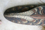 VERY RARE OLD POLYCHROME HAND CARVED MARAMBA ANCESTOR ORACLE SPIRIT MASK COLORED WITH NATURAL PIGMENTS COLLECTED ALONG SEPIK RIVER, PAPUA NEW GUINEA & ONCE USED BY MEDECINE MAN TO WARD AWAY DISEASE 3A14 DECORATOR DESIGNER COLLECTOR 25”x 8"x 5"