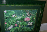 30”x 25” MASTERPIECE DETAILED COLORFUL  BALINESE PAINTING ON CANVAS RENOWN UBUD ARTIST RAINFOREST PARADISE FOLIAGE POND LOTUS EGRET HERON BIRD FRAMED IN SIGNED CUSTOM FRAME HAND PAINTED TO MATCH  ARTWORK DFBB6 DECORATOR DESIGNER ART COLLECTOR HOME DÉCOR