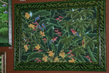 GIGANTIC 43”x 31”  ORIGINAL DETAILED COLORFUL BALINESE PAINTING ON CANVAS SIGNED BY RENOWN UBUD ARTIST RAINFOREST PARADISE WITH FOLIAGE FLOWERS HIBISCUS PARROTS  BIRDS FRAMED IN SIGNED CUSTOM FRAME HANDPAINTED TO MATCH  ARTWORK DFBB19 DESIGNER ART
