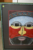 RARE UNIQUE AUTHENTIC COLORFUL FOLK ART PAINTING TRIBAL WARRIOR FROM PAPUA NEW GUINEA ARTIST FRAMED IN SIGNED HAND PAINTED FRAME TO MATCH THE ART WITHIN 29 1/4” X 23 3/4” DFP7 DESIGNER COLLECTOR WALL ART