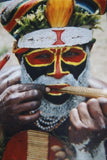 RARE UNIQUE AUTHENTIC COLORFUL FOLK ART PAINTING HILU TRIBE WARRIOR FROM PAPUA NEW GUINEA ARTIST FRAMED IN SIGNED HAND PAINTED FRAME TO MATCH THE ART WITHIN 31” by 27” DFP12 DESIGNER COLLECTOR WALL ART