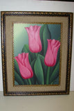 21.5”x 17”DETAILED COLORFUL BALINESE PAINTING ON CANVAS BY RENOWN UBUD ARTIST HOT PINK TULIPS FRAMED IN SIGNED CUSTOM FRAME HAND PAINTED WITH DETAIL TO INHANCE THE ARTWORK & WITH REAL SAND MAT DFBF1 DECORATOR DESIGNER ART COLLECTOR HOME DÉCOR