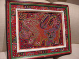 Vintage Kuna Indian Folk Art Mola Blouse Panel from San Blas Islands, Panama. Handstitched Reverse Applique:  Animal Motif of Boar with Hooves & Plant Border (5A)