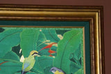 GIGANTIC 44”x 31” ORIGINAL DETAILED COLORFUL BALINESE PAINTING ON CANVAS BY RENOWN UBUD ARTIST RAINFOREST WITH FOLIAGE TROPICAL BIRDS PARROT BIRD OF PARADISE PLANTS HIBISCUS FRAMED IN HAND PAINTED CUSTOM FRAME DFBB9 DESIGNER ARTWORK MASTERPIECE WALL ART