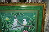 GIGANTIC 31”x 25” ORIGINAL DETAILED COLORFUL  BALINESE PAINTING ON CANVAS SIGNED BY RENOWN UBUD ARTIST RAINFOREST PARADISE WITH FOLIAGE POND LOTUS FLOWERS IBIS EGRET STARLING BIRDS FRAMED IN SIGNED CUSTOM FRAME HAND PAINTED TO MATCH DFBB12 DESIGNER ART