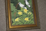FRAMED 19”x 15.5” ORIGINAL DETAILED COLORFUL  BALINESE PAINTING ON CANVAS BY RENOWN UBUD ARTIST RAINFOREST PARADISE WITH NATURE FOLIAGE HIBISCUS STARLING BIRDS BANANA LEAVES DFBB45 DECORATOR DESIGNER ART COLLECTOR ARTWORK  MASTERPIECE