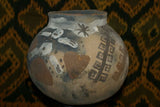 Rare 1980's Vintage Collectible Primitive Hand Crafted Vermasse Terracotta Pottery, Vessel from East Timor Island, Indonesia: 3D Raised Relief Decorative Geometric & Ancestor Motifs, colored with natural earthtone pigments 8" x 7" (22.5" Diameter) P25