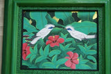 22 x 18” ORIGINAL DETAILED COLORFUL BALINESE PAINTING ON CANVAS BY RENOWN UBUD ARTIST RAINFOREST PARADISE WITH FOLIAGE HIBISCUS FLOWERS STARLING BIRDS FRAMED IN SIGNED CUSTOM FRAME HANDPAINTED TO MATCH ARTWORK DECORATOR DESIGNER ART COLLECTOR DFBB65