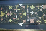 VERY RARE EARLY 1900’S ANTIQUE TEXTILE COLLECTIBLE: OLD  BALINESE HAND WOVEN HAND EMBROIDERED LAMAK USED TO DRESS TEMPLE STATUES CANOPY OR EAVE DURING RITUAL RELIGIOUS CEREMONIES GOLD THREADS FRAMED  IN UNIQUE HAND PAINTED FRAME  27x 12 ½”  DFBE2