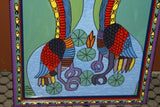 RARE UNIQUE COLORFUL  FOLK ART PAINTING FROM PAPUA NEW GUINEA ARTIST EGRET HERON CRANE LAKE WATER LILIES SIGNED  & FRAMED IN SIGNED HAND PAINTED FRAME TO MATCH THE ART DECORATOR DESIGNER COLLECTOR WALL  ART  33 1/2” by 21 1/4” HUGE DFP3