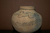 Rare 1980's Vintage Collectible Primitive Hand Crafted Vermasse Terracotta Pottery, Vessel from East Timor Island, Indonesia: 3D Raised Relief Decorative Geometric & Crocodile Motifs colored with natural earth tone pigments 8' x 6.5" (23" Diameter) P32