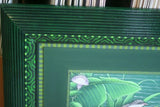 30”x 25” MASTERPIECE DETAILED COLORFUL  BALINESE PAINTING ON CANVAS RENOWN UBUD ARTIST RAINFOREST PARADISE FOLIAGE POND LOTUS EGRET HERON BIRD FRAMED IN SIGNED CUSTOM FRAME HAND PAINTED TO MATCH  ARTWORK DFBB6 DECORATOR DESIGNER ART COLLECTOR HOME DÉCOR